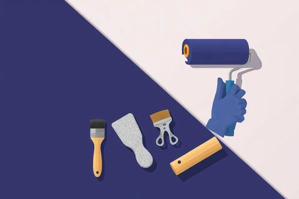 Outils de peinture disposés dans l'ordre des étapes du chantier
