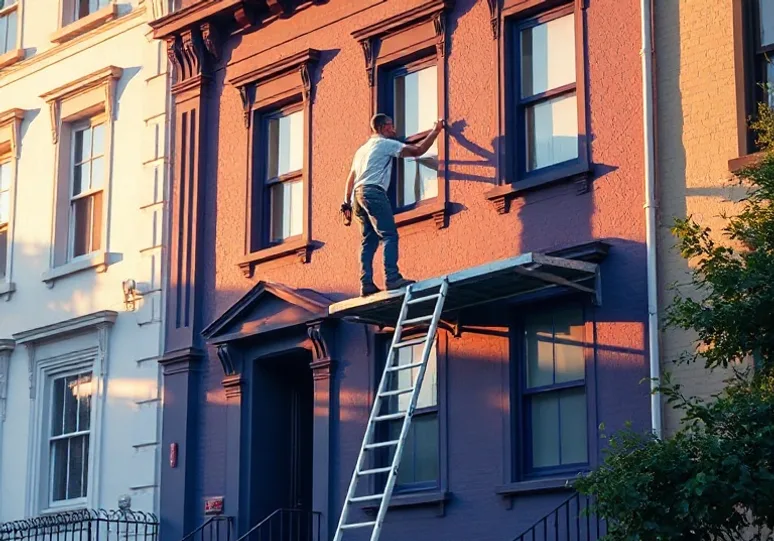 Peintre sur échafaudage traitant la façade d'une maison